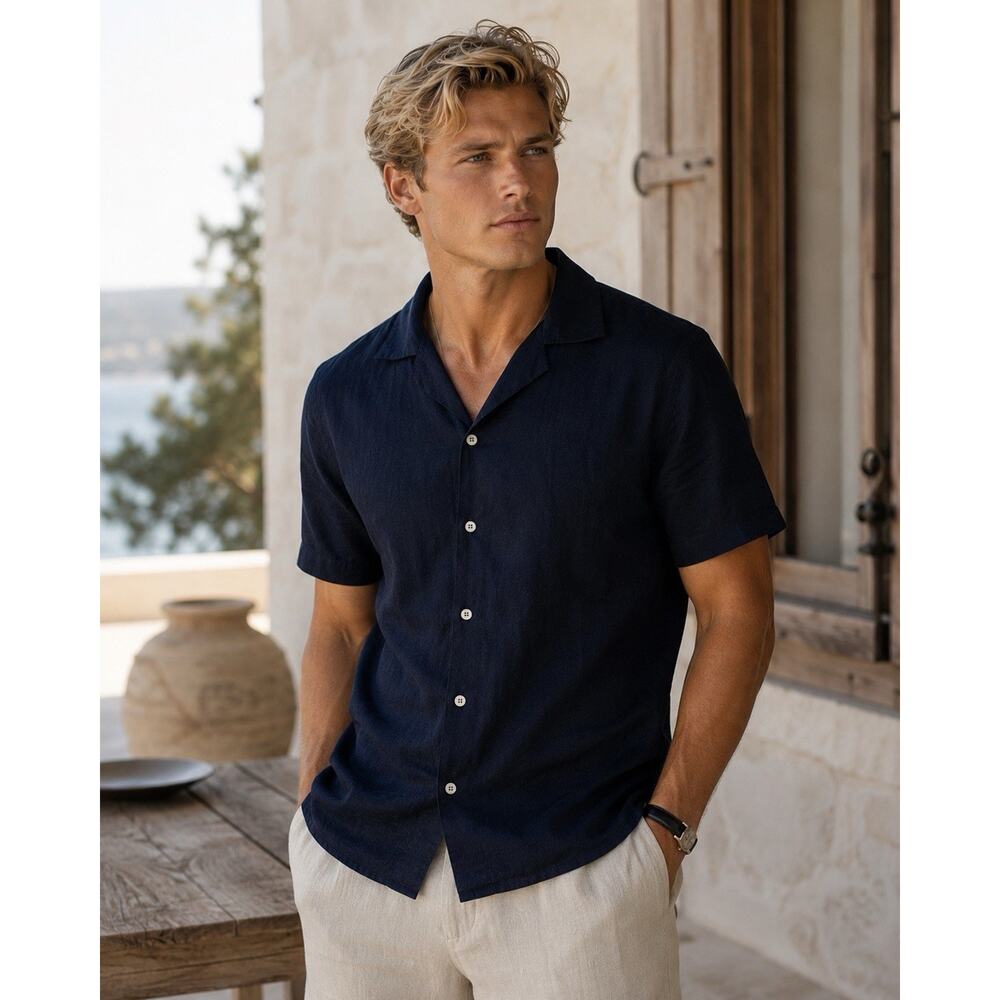Origen Man 100% Linen Shirt Mens S Navy Camp Collar Euro Resort Luxury Italy